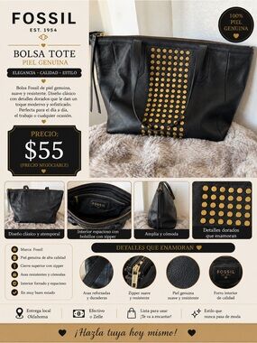 Fossil Black Leather Tote with Gold Stud Accents